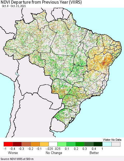 Brazil NDVI Departure from Previous Year (VIIRS) Thematic Map For 10/8/2021 - 10/15/2021