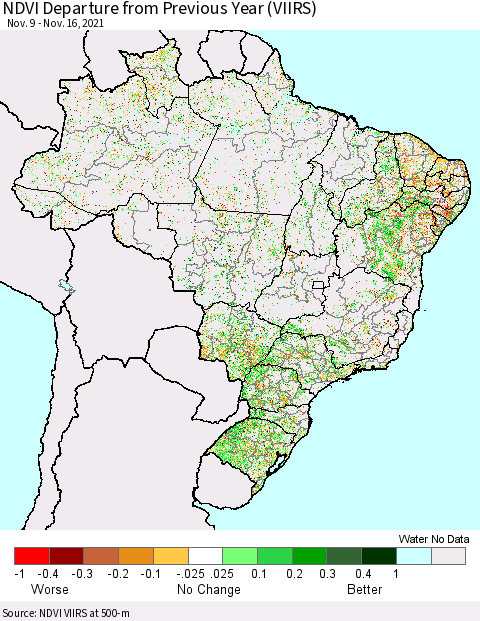 Brazil NDVI Departure from Previous Year (VIIRS) Thematic Map For 11/9/2021 - 11/16/2021
