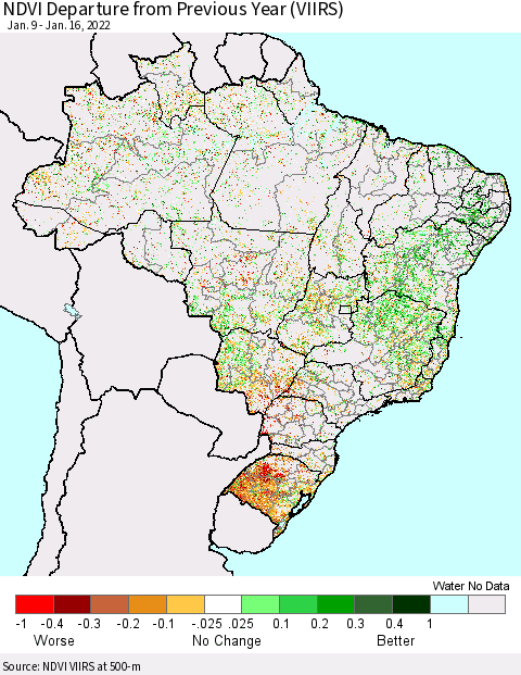 Brazil NDVI Departure from Previous Year (VIIRS) Thematic Map For 1/9/2022 - 1/16/2022