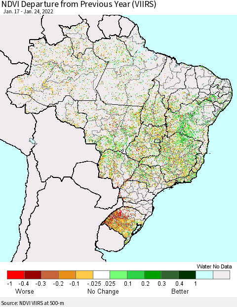 Brazil NDVI Departure from Previous Year (VIIRS) Thematic Map For 1/17/2022 - 1/24/2022