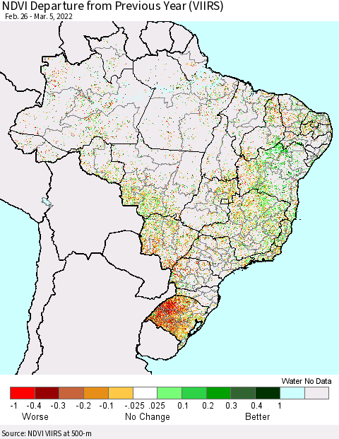 Brazil NDVI Departure from Previous Year (VIIRS) Thematic Map For 2/26/2022 - 3/5/2022