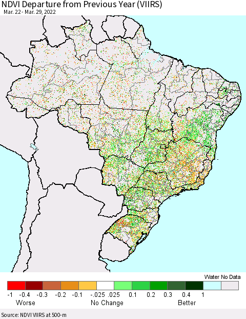 Brazil NDVI Departure from Previous Year (VIIRS) Thematic Map For 3/22/2022 - 3/29/2022
