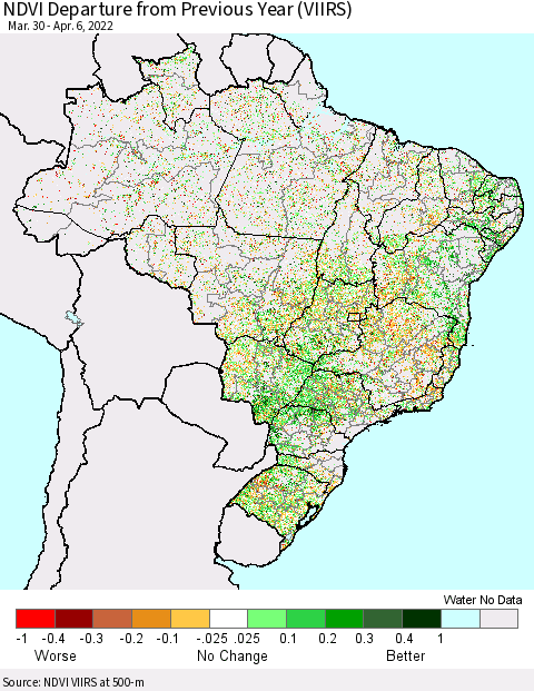 Brazil NDVI Departure from Previous Year (VIIRS) Thematic Map For 3/30/2022 - 4/6/2022
