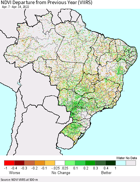 Brazil NDVI Departure from Previous Year (VIIRS) Thematic Map For 4/7/2022 - 4/14/2022