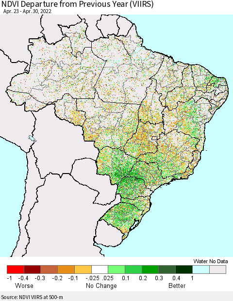 Brazil NDVI Departure from Previous Year (VIIRS) Thematic Map For 4/23/2022 - 4/30/2022