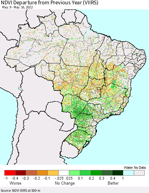 Brazil NDVI Departure from Previous Year (VIIRS) Thematic Map For 5/9/2022 - 5/16/2022