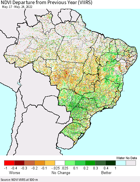 Brazil NDVI Departure from Previous Year (VIIRS) Thematic Map For 5/17/2022 - 5/24/2022