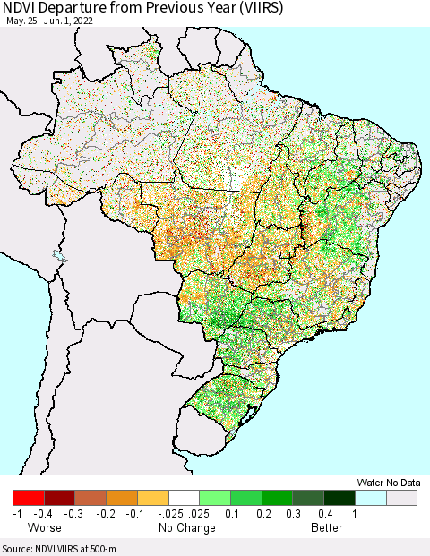 Brazil NDVI Departure from Previous Year (VIIRS) Thematic Map For 5/25/2022 - 6/1/2022