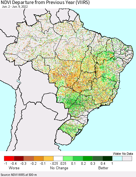 Brazil NDVI Departure from Previous Year (VIIRS) Thematic Map For 6/2/2022 - 6/9/2022