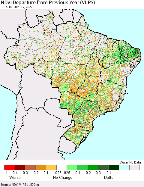 Brazil NDVI Departure from Previous Year (VIIRS) Thematic Map For 6/10/2022 - 6/17/2022