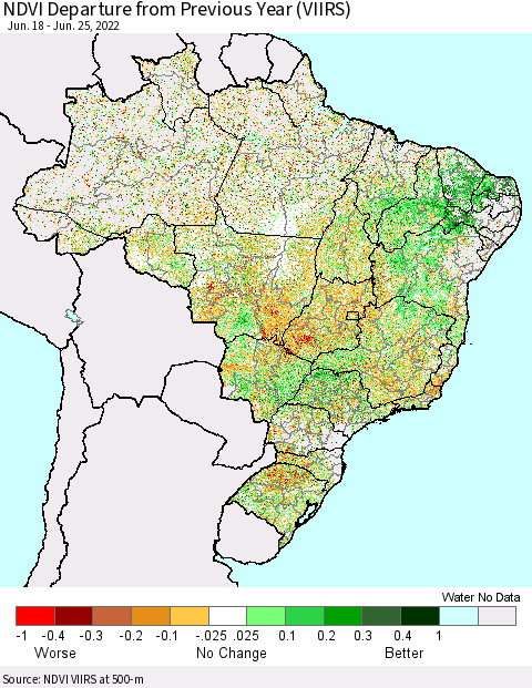 Brazil NDVI Departure from Previous Year (VIIRS) Thematic Map For 6/18/2022 - 6/25/2022