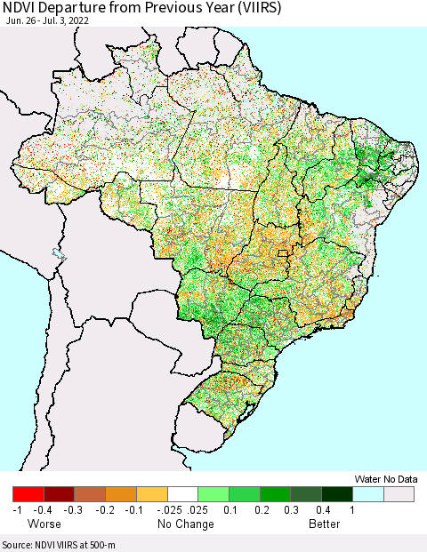 Brazil NDVI Departure from Previous Year (VIIRS) Thematic Map For 6/26/2022 - 7/3/2022