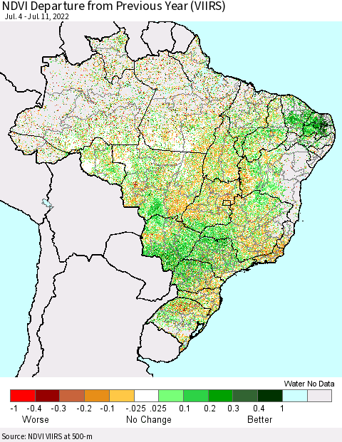 Brazil NDVI Departure from Previous Year (VIIRS) Thematic Map For 7/4/2022 - 7/11/2022