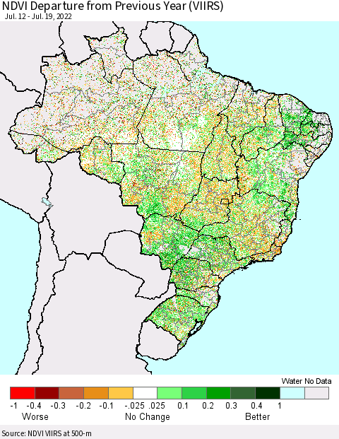 Brazil NDVI Departure from Previous Year (VIIRS) Thematic Map For 7/12/2022 - 7/19/2022