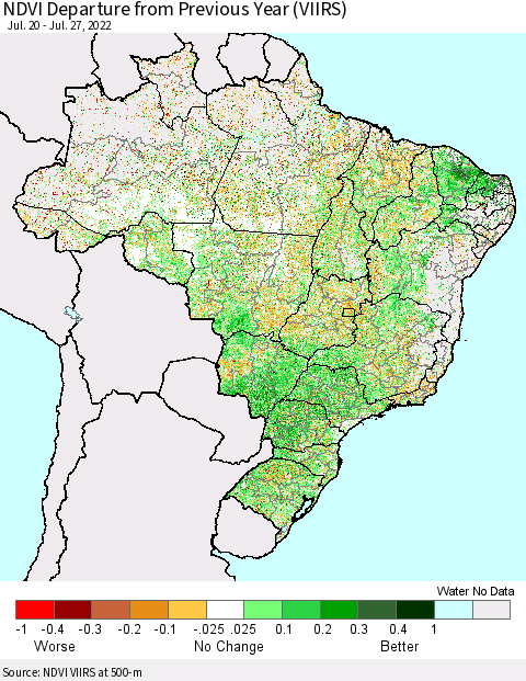 Brazil NDVI Departure from Previous Year (VIIRS) Thematic Map For 7/20/2022 - 7/27/2022