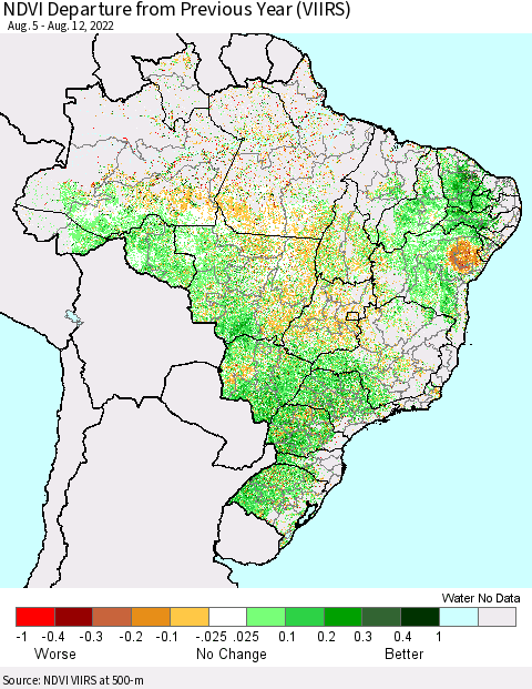 Brazil NDVI Departure from Previous Year (VIIRS) Thematic Map For 8/5/2022 - 8/12/2022