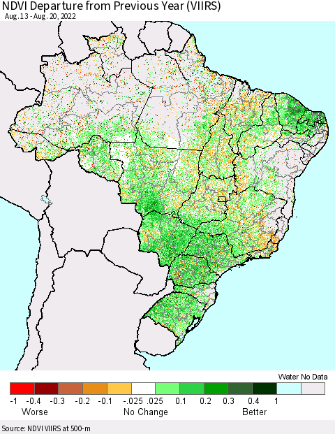 Brazil NDVI Departure from Previous Year (VIIRS) Thematic Map For 8/13/2022 - 8/20/2022