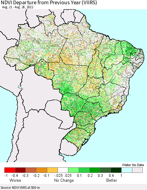 Brazil NDVI Departure from Previous Year (VIIRS) Thematic Map For 8/21/2022 - 8/28/2022