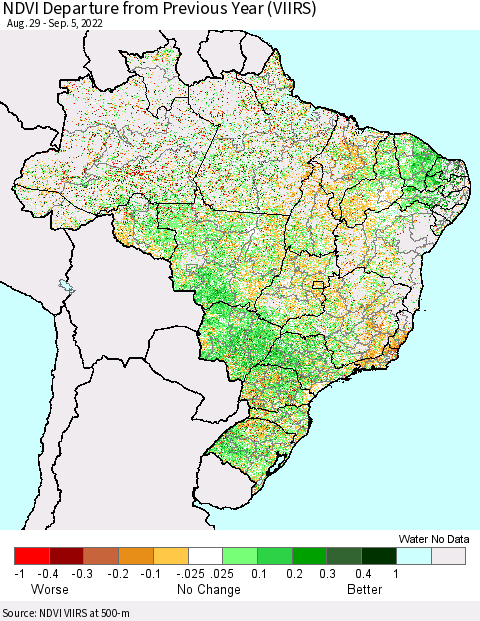 Brazil NDVI Departure from Previous Year (VIIRS) Thematic Map For 8/29/2022 - 9/5/2022