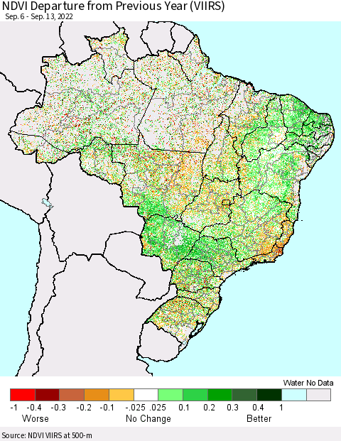 Brazil NDVI Departure from Previous Year (VIIRS) Thematic Map For 9/6/2022 - 9/13/2022