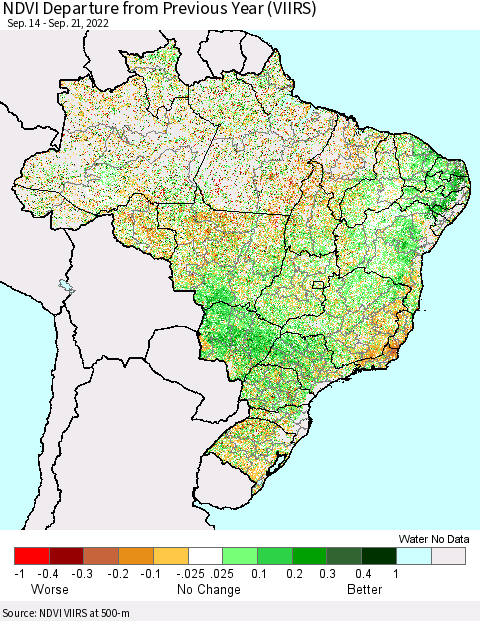 Brazil NDVI Departure from Previous Year (VIIRS) Thematic Map For 9/14/2022 - 9/21/2022