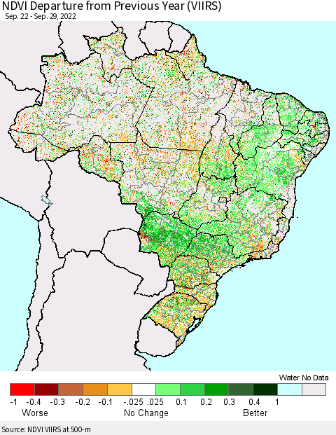 Brazil NDVI Departure from Previous Year (VIIRS) Thematic Map For 9/22/2022 - 9/29/2022