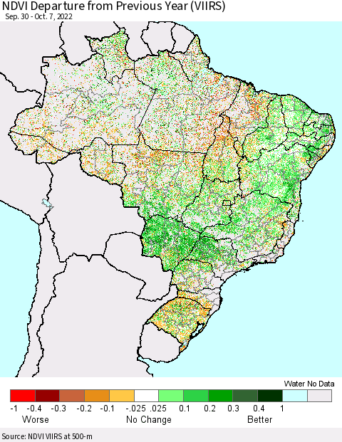 Brazil NDVI Departure from Previous Year (VIIRS) Thematic Map For 9/30/2022 - 10/7/2022