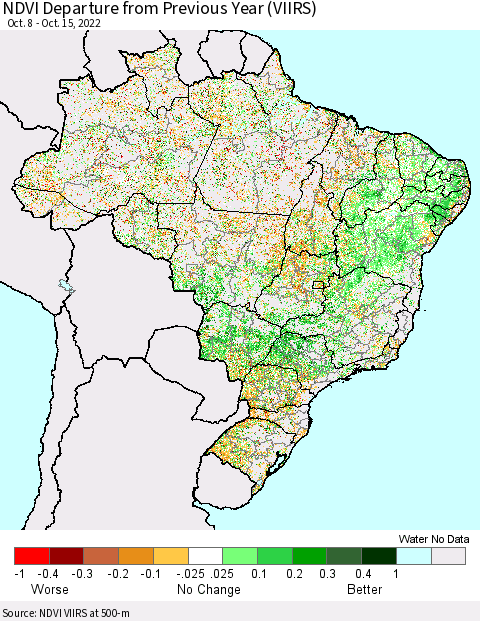 Brazil NDVI Departure from Previous Year (VIIRS) Thematic Map For 10/8/2022 - 10/15/2022