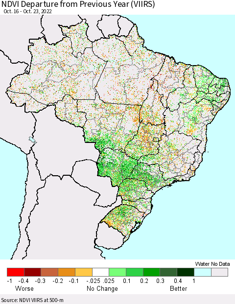 Brazil NDVI Departure from Previous Year (VIIRS) Thematic Map For 10/16/2022 - 10/23/2022
