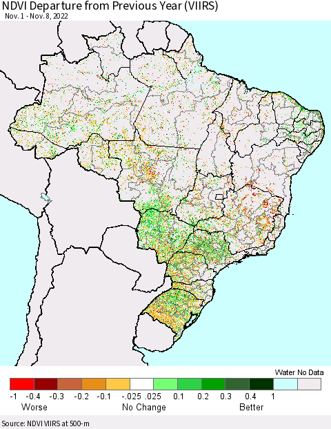 Brazil NDVI Departure from Previous Year (VIIRS) Thematic Map For 11/1/2022 - 11/8/2022