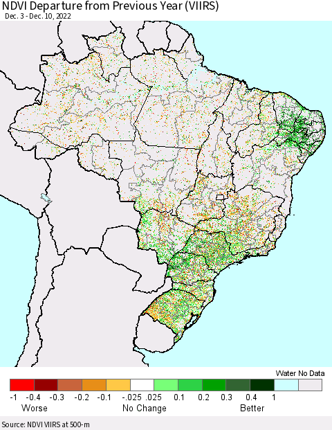 Brazil NDVI Departure from Previous Year (VIIRS) Thematic Map For 12/3/2022 - 12/10/2022