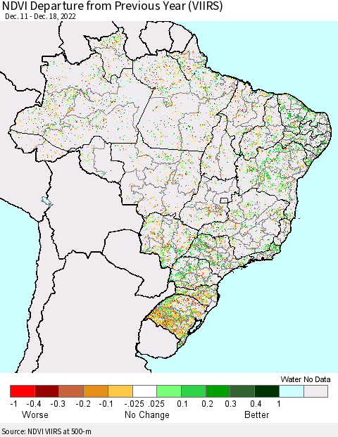 Brazil NDVI Departure from Previous Year (VIIRS) Thematic Map For 12/11/2022 - 12/18/2022