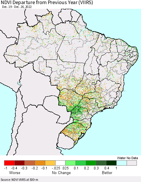 Brazil NDVI Departure from Previous Year (VIIRS) Thematic Map For 12/19/2022 - 12/26/2022