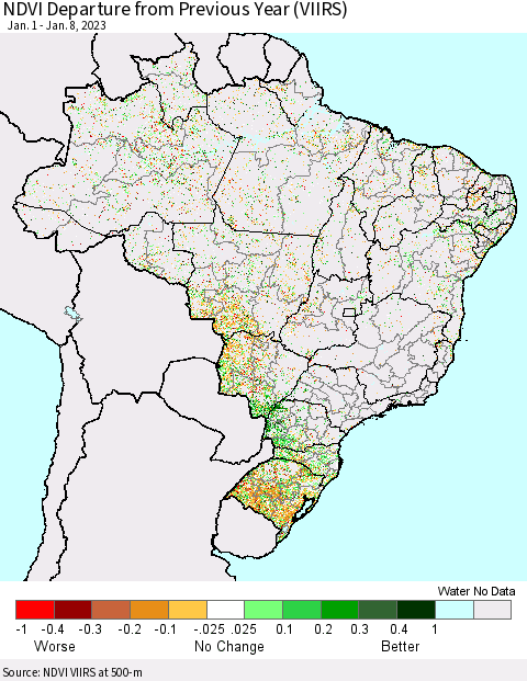 Brazil NDVI Departure from Previous Year (VIIRS) Thematic Map For 1/1/2023 - 1/8/2023