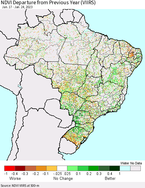 Brazil NDVI Departure from Previous Year (VIIRS) Thematic Map For 1/17/2023 - 1/24/2023