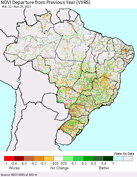 Brazil NDVI Departure from Previous Year (VIIRS) Thematic Map For 3/22/2023 - 3/29/2023