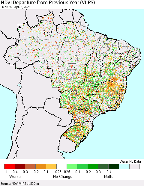 Brazil NDVI Departure from Previous Year (VIIRS) Thematic Map For 3/30/2023 - 4/6/2023