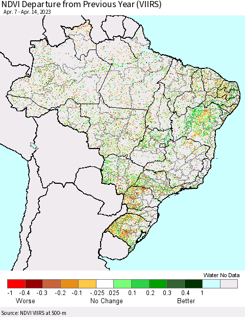 Brazil NDVI Departure from Previous Year (VIIRS) Thematic Map For 4/7/2023 - 4/14/2023