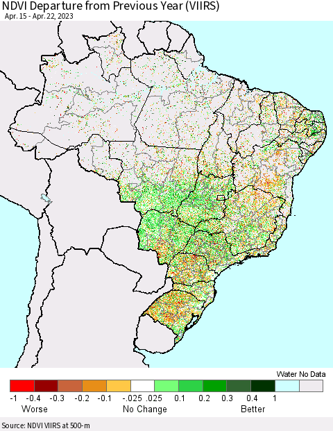 Brazil NDVI Departure from Previous Year (VIIRS) Thematic Map For 4/15/2023 - 4/22/2023