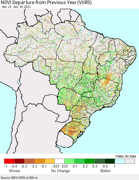 Brazil NDVI Departure from Previous Year (VIIRS) Thematic Map For 4/23/2023 - 4/30/2023