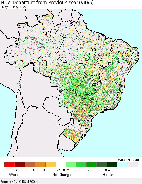 Brazil NDVI Departure from Previous Year (VIIRS) Thematic Map For 5/1/2023 - 5/8/2023