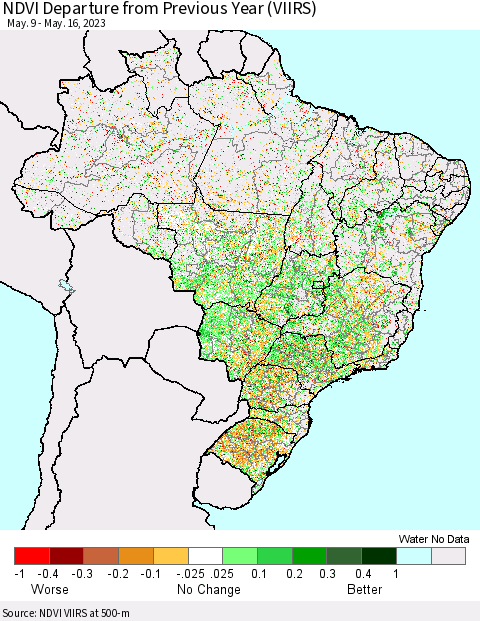 Brazil NDVI Departure from Previous Year (VIIRS) Thematic Map For 5/9/2023 - 5/16/2023