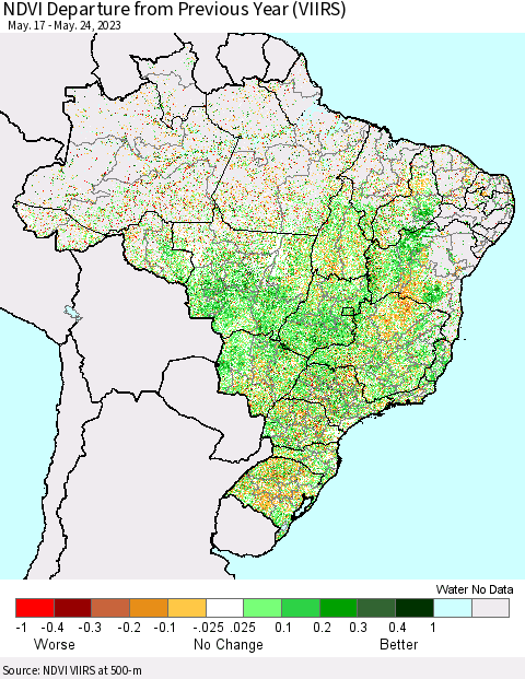 Brazil NDVI Departure from Previous Year (VIIRS) Thematic Map For 5/17/2023 - 5/24/2023