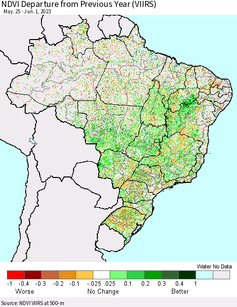 Brazil NDVI Departure from Previous Year (VIIRS) Thematic Map For 5/25/2023 - 6/1/2023