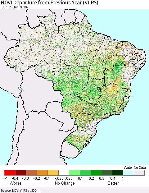 Brazil NDVI Departure from Previous Year (VIIRS) Thematic Map For 6/2/2023 - 6/9/2023