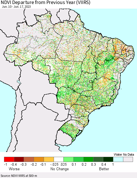 Brazil NDVI Departure from Previous Year (VIIRS) Thematic Map For 6/10/2023 - 6/17/2023