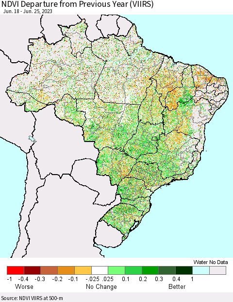Brazil NDVI Departure from Previous Year (VIIRS) Thematic Map For 6/18/2023 - 6/25/2023