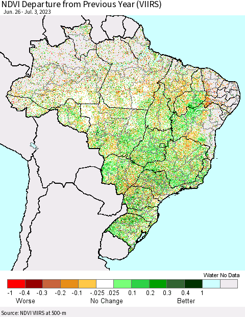 Brazil NDVI Departure from Previous Year (VIIRS) Thematic Map For 6/26/2023 - 7/3/2023
