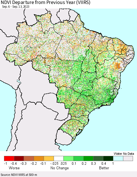 Brazil NDVI Departure from Previous Year (VIIRS) Thematic Map For 9/6/2023 - 9/13/2023