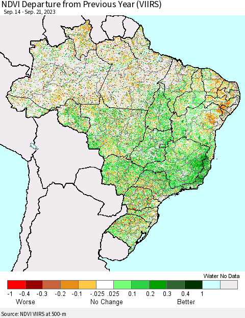 Brazil NDVI Departure from Previous Year (VIIRS) Thematic Map For 9/14/2023 - 9/21/2023